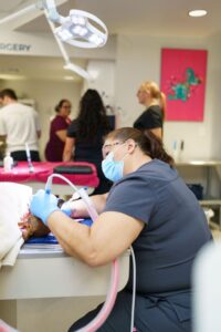 vet tech cleans dog's teeth